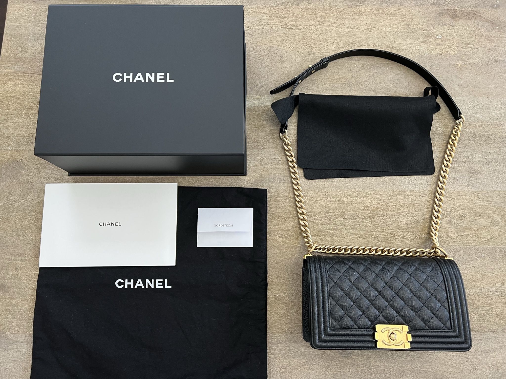100% AUTHENTIC Pristine Chanel Black Caviar Gold Hardware Medium Boy Bag