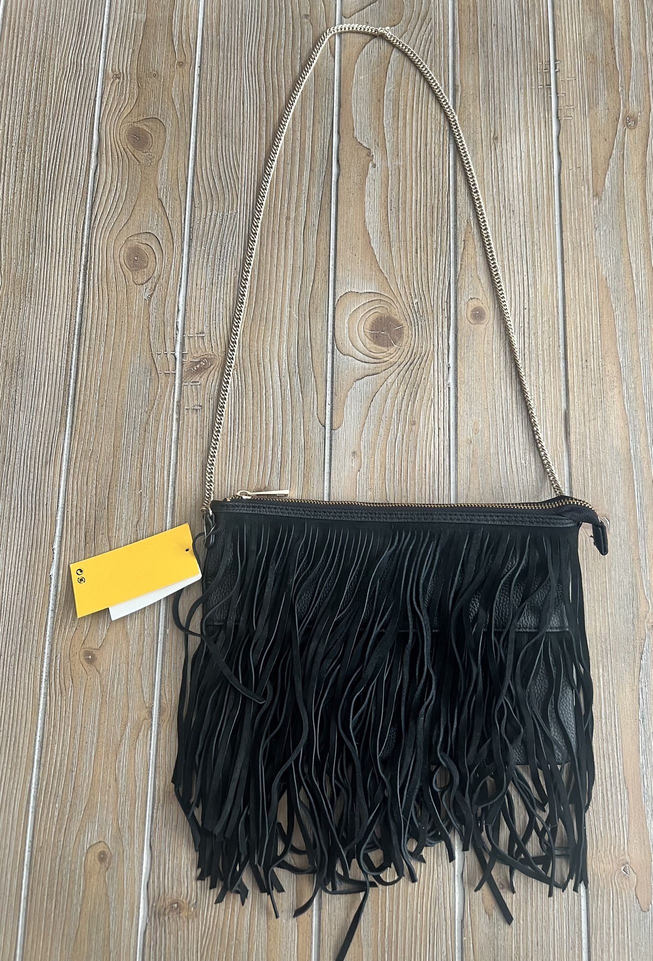 NWT Suede Black Fringe Purse with Gold Chain Hardware