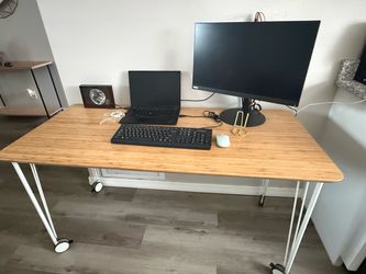 Bamboo Top Desk with White Hairpin Legs on Casters