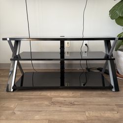 Modern Black Glass & Chrome TV Stand with Cable Organizer