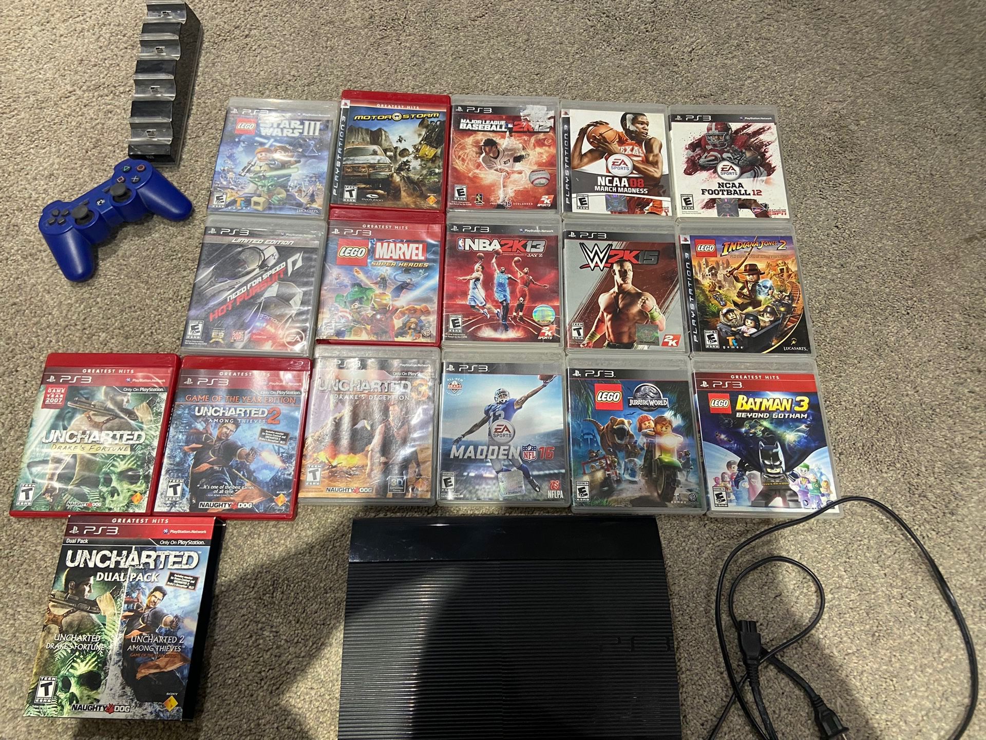 PS3 with games, controller, controller charger