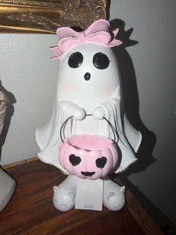 NEW Halloween Ghost Girl with Pink Bow, Pink Pumpkin Bucket