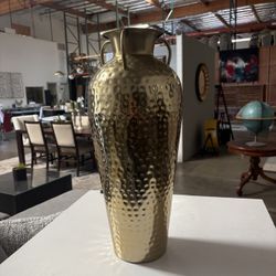 Large Hammered Gold-Tone Metal Urn Vase with Handles