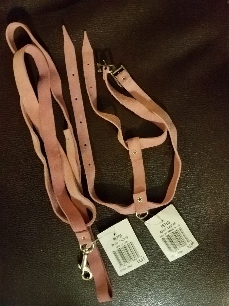 Small pink pet harness and matching leash