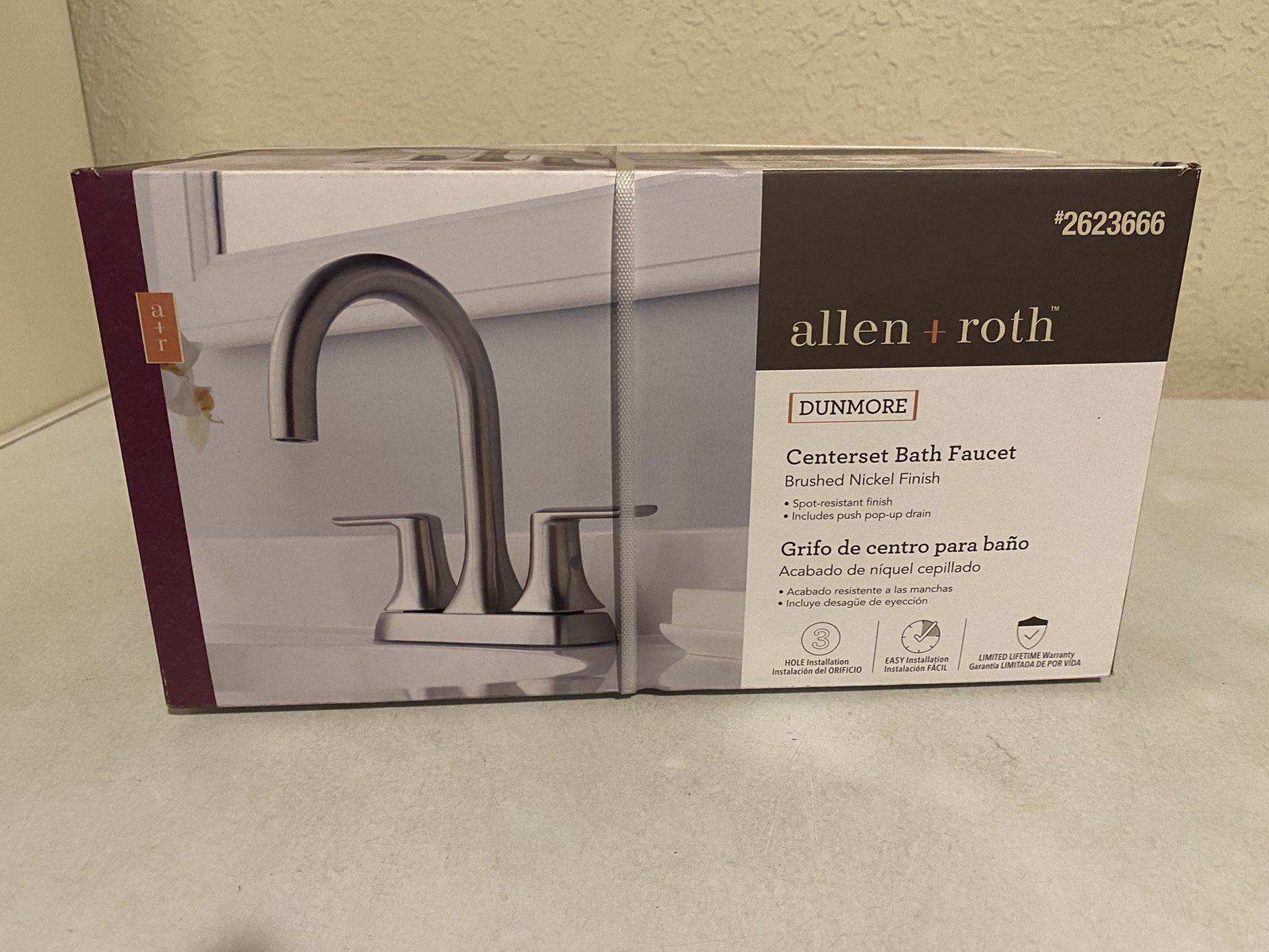 allen + roth Dunmore Brushed Nickel Spot Resist 2-Handle 4-in Centerset WaterSense Bathroom Sink Faucet with Drain and Deck Plate