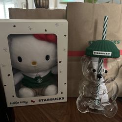 Starbucks 2025 Bearista BEAR Glass Jar Cold Cup Tumbler & Hello Kitty Plush Set