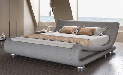 Queen Size Sleigh Bed Frame, Low Profile, Faux Leather, Grey Upholstered Platform Beds, Ergonomics Adjustable Headboard, Heavy Duty Strong Support, No
