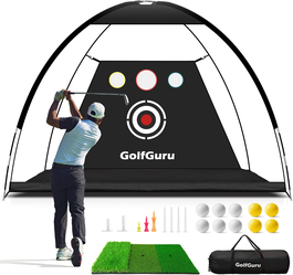 All in 1 Golf Practice Net - 10x7ft Tri-Turf Mat, Impact Target, 10 Balls, 7 Tees, Carry Bag