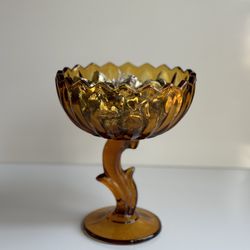 Vintage Heavy Amber Indiana Glass Lotus Blossom Candy / Compote Dish