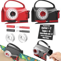 2 Pack Wrapping Paper Roll Cutter & Tape Dispenser Dual Use with 4 Tapes 2 Replace Blades Kit for Christmas Gift Wrap Tool Tube Sliding Slicing for Cr