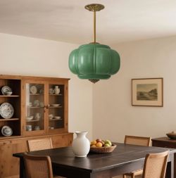 New 15” Green Milk Glass Pendant Globe Light,Semi Flush Mount Pendant Chandelier Adjustable Height