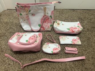Women’s Purse Faux Leather Designer Handbag Wallet Tote Set 6-Piece Chicfoundry Floral Pink/White