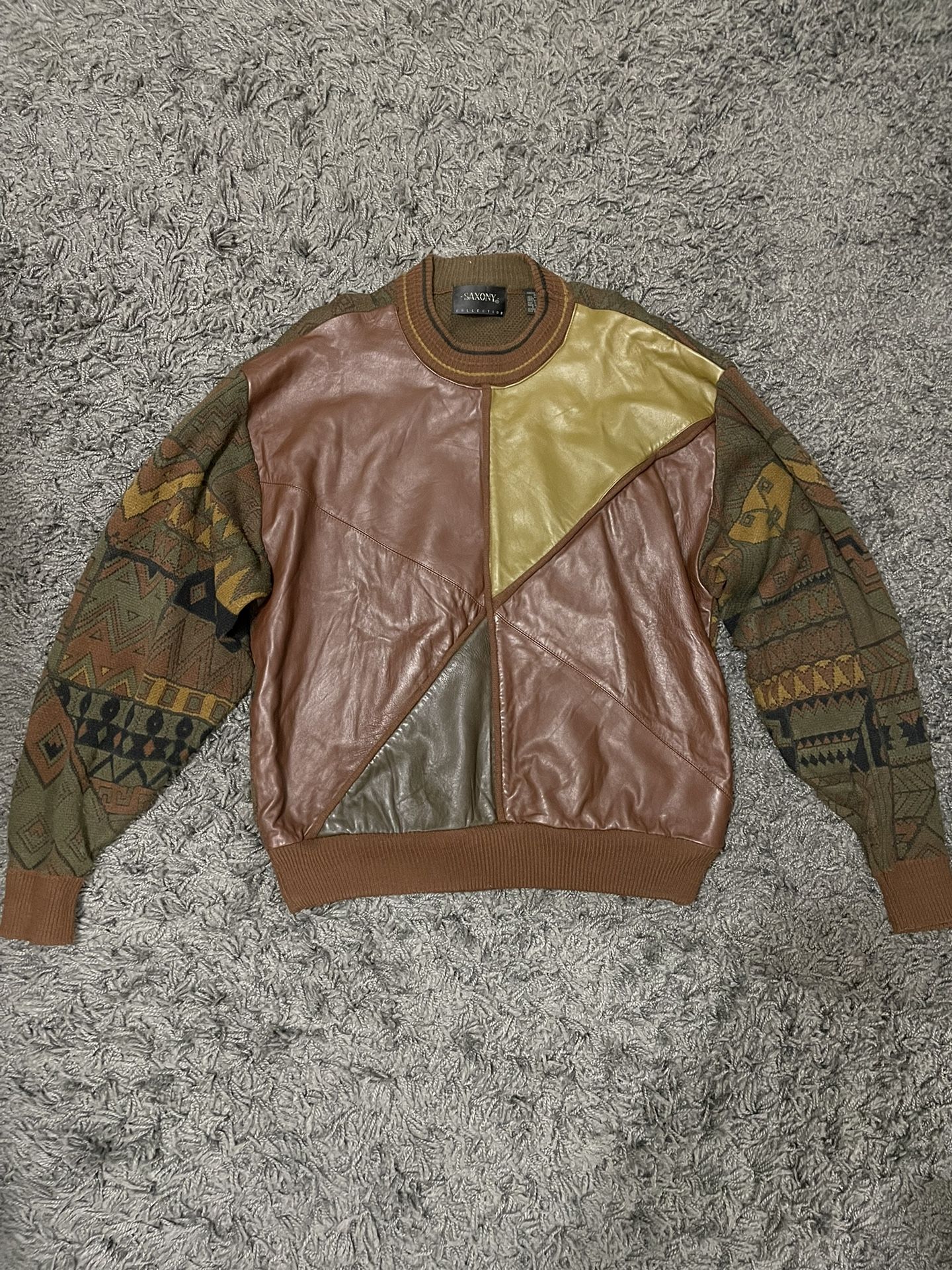 Saxony Collection Leather Suede 90’s Hip Hop Coogi Like Sweater Size Large