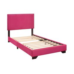Skylar Nailhead Trim Upholstered Twin Platform Bed, Pink. New in a box, but one leg is broken
