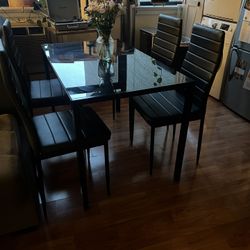 5-Piece Glass Dining Set. 47” Table And 4 Upholstered Chairs