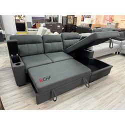 94"W Gray /  Black  Fabric Sleeper Sectional Sofa Chaise with Storage Arms and Cupholder