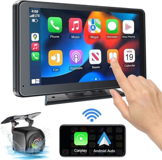 Carplay Portable Wireless with Apple and Android Auto Screen for Car, 7" HD Touch Screen Car Stereo with Mirror Link, Bluetooth 5.2, Backup Camera