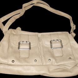 Beige Medium Small Single Strap Leather Handbag with Magnetic Top Closure