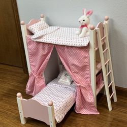 Pink Doll Loft Bunk Bed w/ Storage Shelves, Bin & Ladder.  For American Girl & Our Generation Dolls