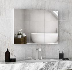 Tangkula Mirrored Medicine Cabinet, Large Wide Wall Mounted Storage Cabinet with 3 Mirror Doors & Adjustable Shelf, Hanging Bathroom Organizer, White,