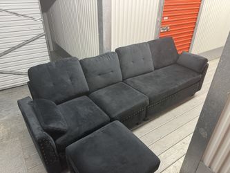 Black Velvet Sectional Sofa with Ottoman