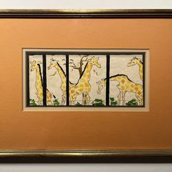 Vintage Giraffe Watercolor and Ink Drawing Framed Wildlife Art