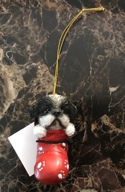 Shih Tzu Puppy in Stocking Christmas Tree Ornament NEW in Box!