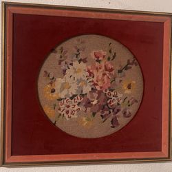 Vintage Floral Needlepoint Wall Art - Framed