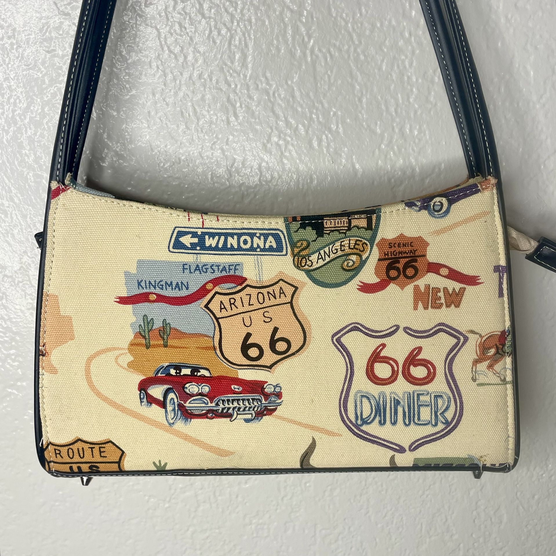 Vintage Route 66 Shoulder Bag Purse USA 50s Car Retro Road Trip Collectible Travel