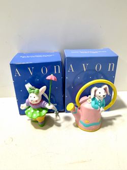 Vintage 1999 Avon Easter Bunny Ornaments Lot of 2 Juggler Watering Can Box