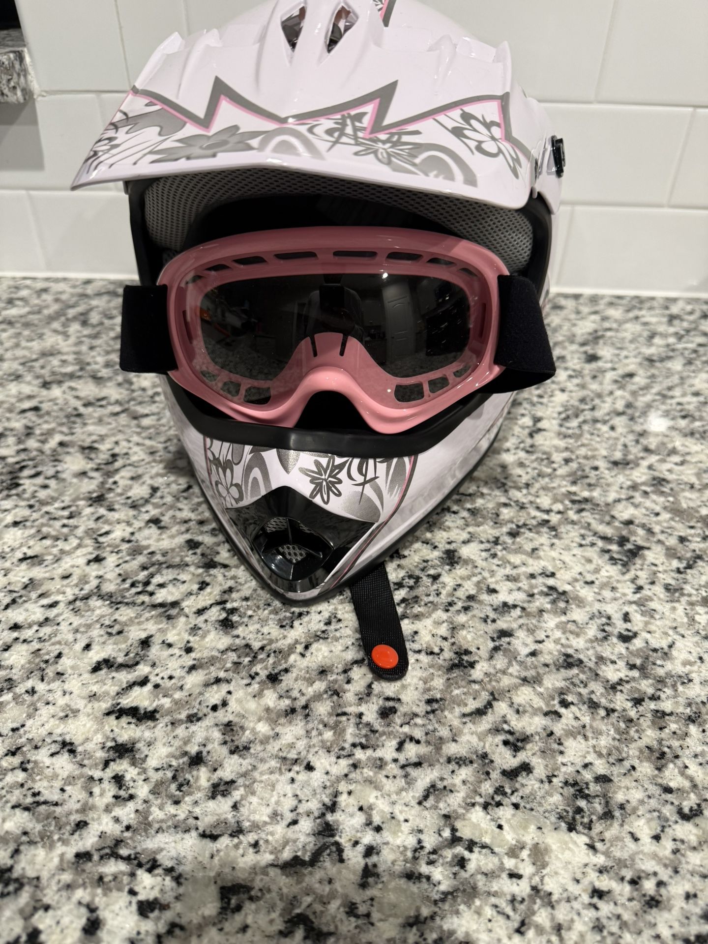 TCMT DOT Youth & Kids Motorcycle Helmet Pink Butterfly White with Goggles & Gloves for Atv Mx Motocross Offroad Street Dirt Bike L Size