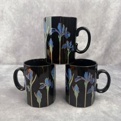 Vintage Otagiri Japan Blue Iris on Black Coffee Tea Mug Cup 12 Sided Set of 3