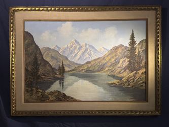 Lake Between Ridges Oil Landscape by P. Maller