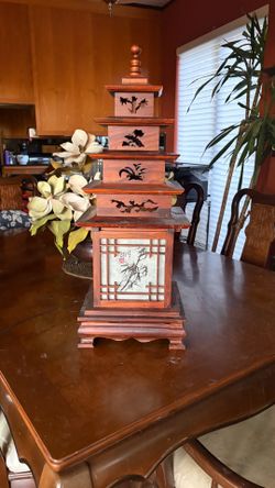 vintage East Asian multi-tiered wooden pagoda lamp