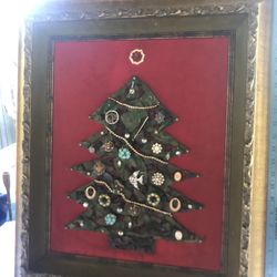 Vintage, unique ornate wood, framed Christmas tree with Seaglass and Jewels