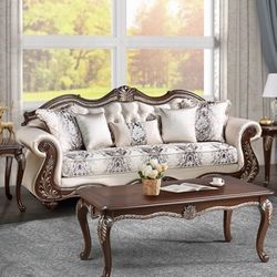 Vintage Style Beige Fabric Sofa Sleigh Design Couch - Sillon