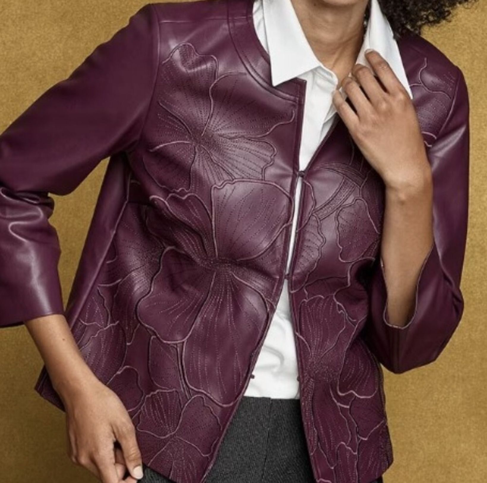 Chico’s Embellished Faux Leather/Vegan Leather Cropped Jacket Size 3.