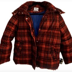 UO Urban Outfitters Riley Plaid Hooded Puffer Jacket, Red Sz S P