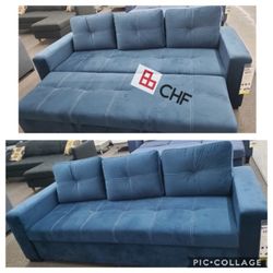 Black or Navy blue linen fabric convertible sectional sofa with pullout bed | 85" × 32" × 33" H