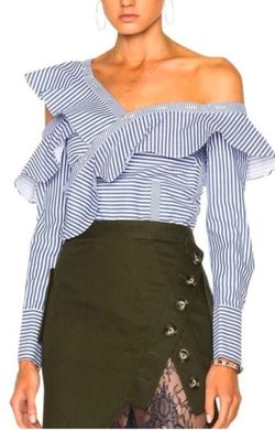 Self-Portrait Striped Asymmetric Ruffle Top in blue and white.