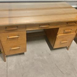 Mid Century Modern Large Desk With Glasstop 