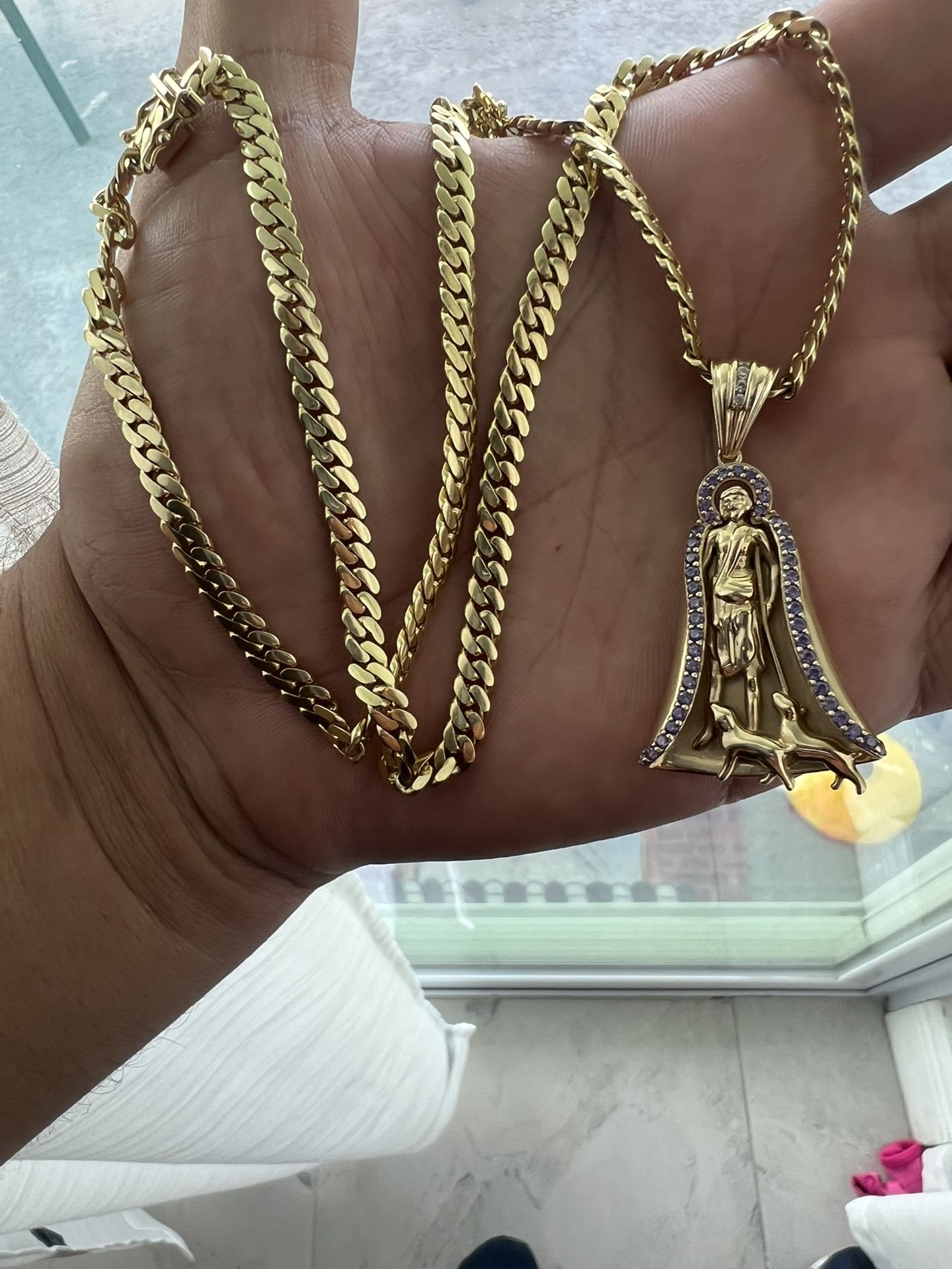 Cadena De Eslabón Cubano De Oro 10 Solida Con San Lázaro Solido Con Piedras Moradas Originales