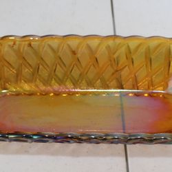 Vintage Indiana Amber Carnival Glass Oval Dish Relish Dish Pretzel Basket Weave