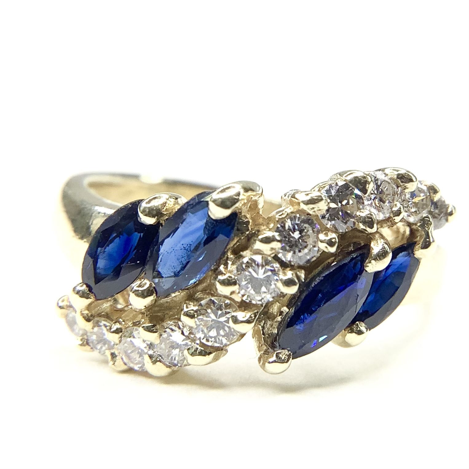 14K Yellow Gold Diamond & Blue Sapphire Bypass Ring Size 7