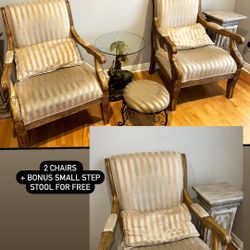 High Quality Wood - Antique Beige Accent Chairs 2 + Free Step Stool 