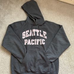 SPU Hoodie Sweatshirt. Seattle Pacific College. Gray. Pink. Size Medium.