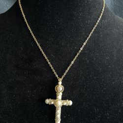 Gold Tone Necklace with Pearl Cross Pendant