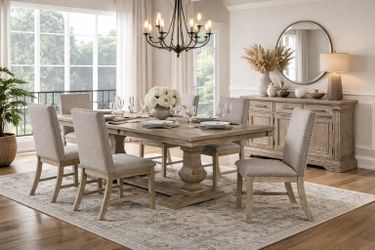 7 PIECE DINING ROOM TABLE SET DOUBLE PEDESTAL BASE WIRE BRUSHED BROWNISH GRAY FINISH COMEDOR