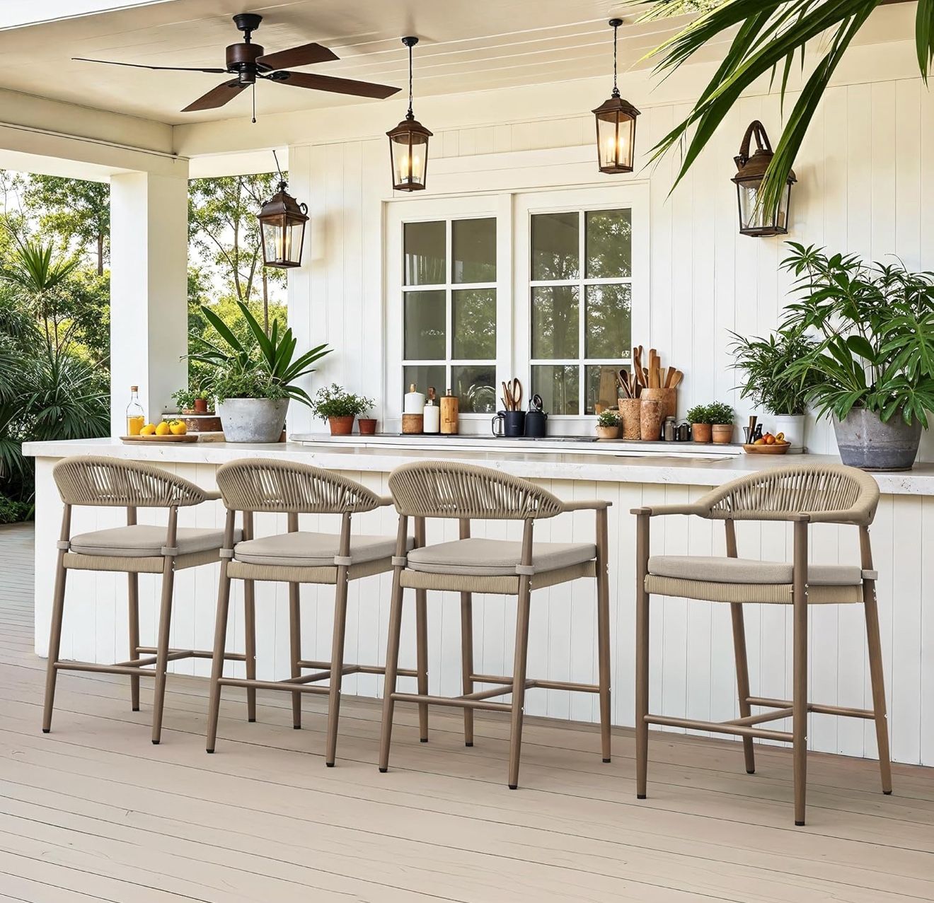 Bar Stools Set of 4, 24.8'' Aluminum Outdoor Bar Stool with Removable Cushion, Boho Rattan BarStools, Olefin Rope Woven Bar Chairs with Footrest for P