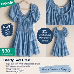 NWT Liberty Love 2XL Light Blue Boho Puff Sleeve Tiered Dress